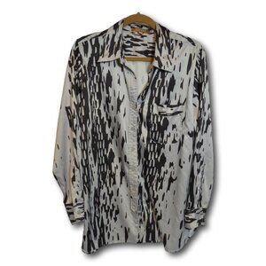 Ellen Tracy Women's Button Down Blouse Size L – Black & White Abstract Print